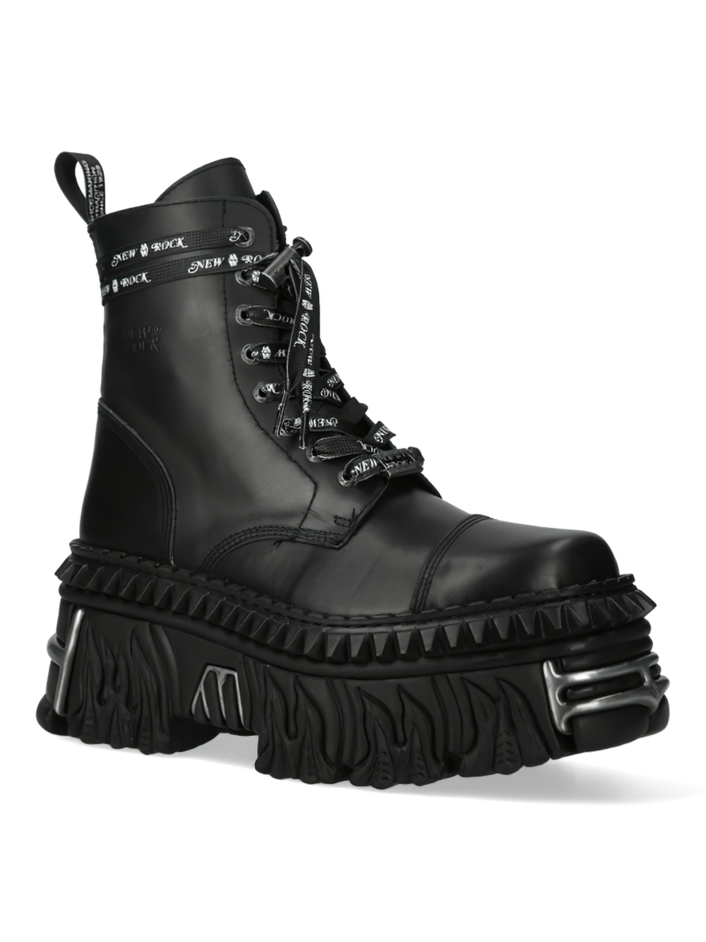 NEW ROCK Unisex Black Gothic Platform Boots, stylish punk rock footwear with bold design and military twist.