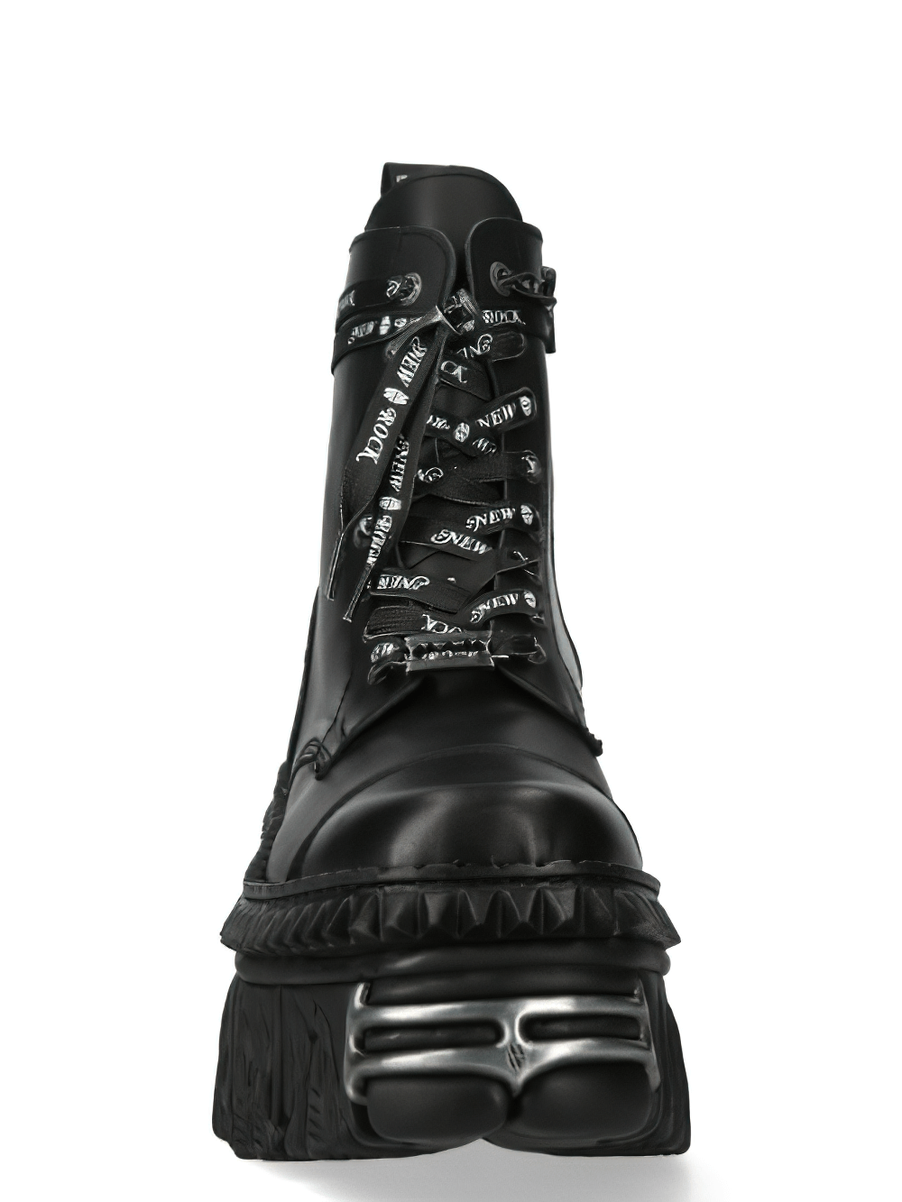 Bold unisex black gothic platform boots with unique lacing and military-inspired design for a standout fashion statement.