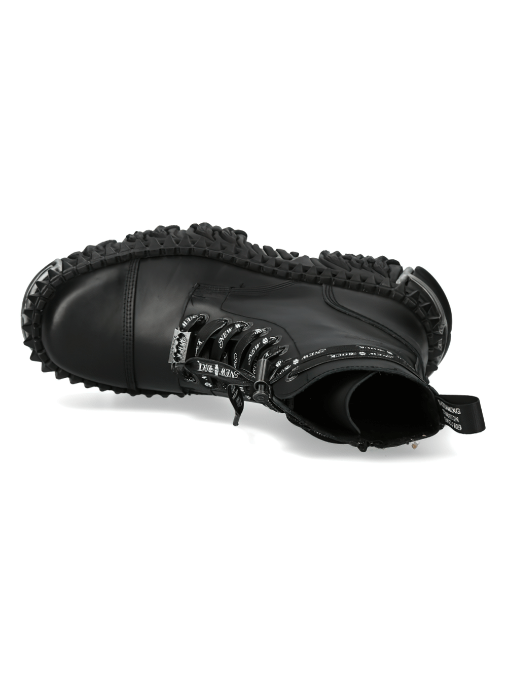Top view of NEW ROCK unisex black platform boots, showcasing gothic style and bold design with unique detailing.