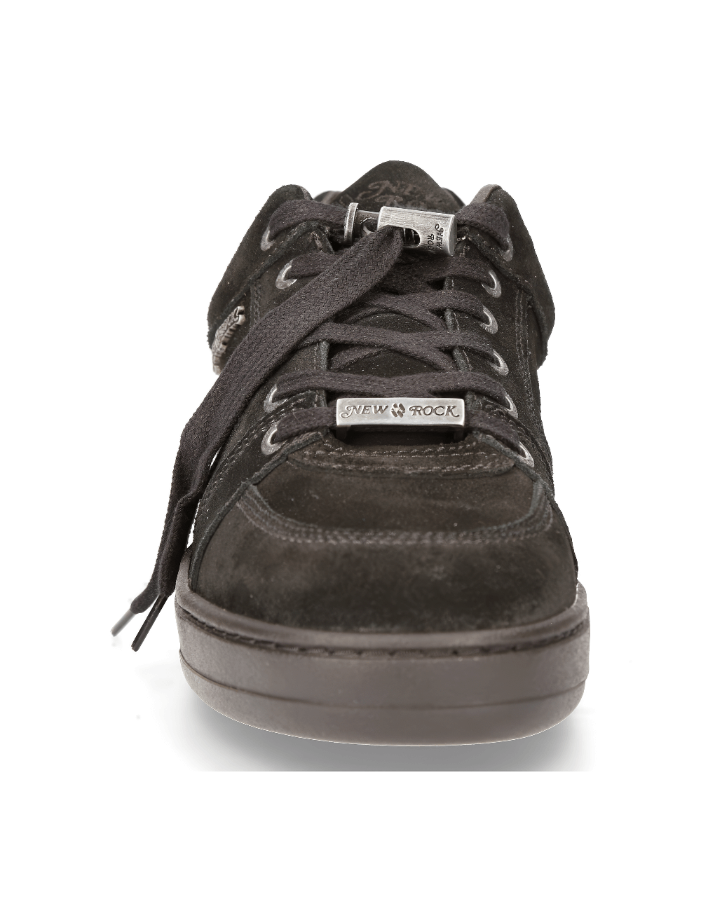 Front view of NEW ROCK Men's Black Punk Suede Sneakers with lace-up design and padded tongue.