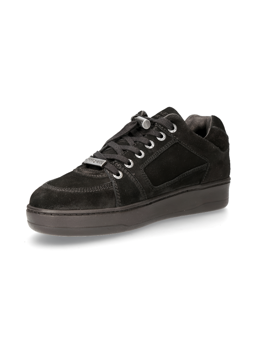 Men's black punk-inspired sneakers in suede, featuring lace-up design and flat heel for stylish comfort.