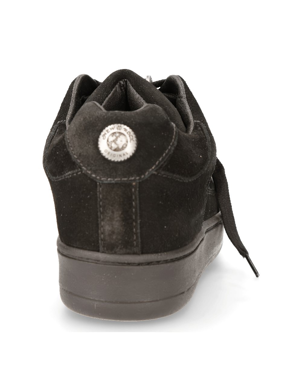 Back view of NEW ROCK men's black suede punk sneakers, showcasing stylish design and iconic emblem.
