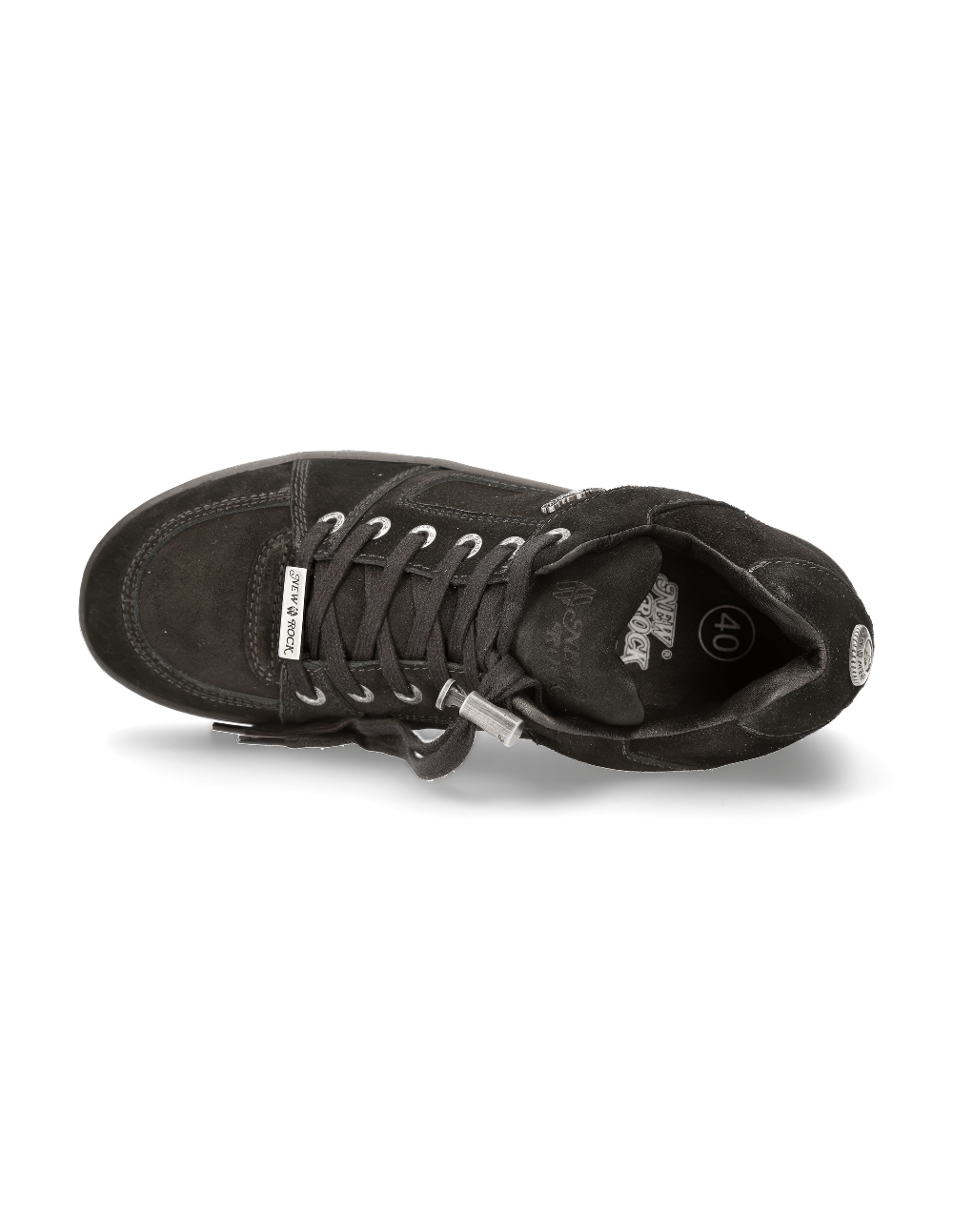 Top view of NEW ROCK Men's Black Suede Punk Sneakers showcasing lace-up design and durable material.