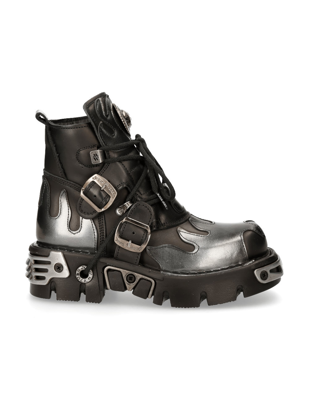 NEW ROCK Men's Fiery Black Ankle Boots with steel accents and flame design, crafted from genuine leather.