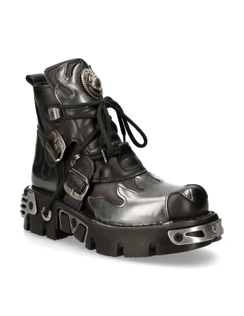 NEW ROCK Men's Fiery Black Ankle Boots with steel accents and flame design, combining gothic and metallic styles.
