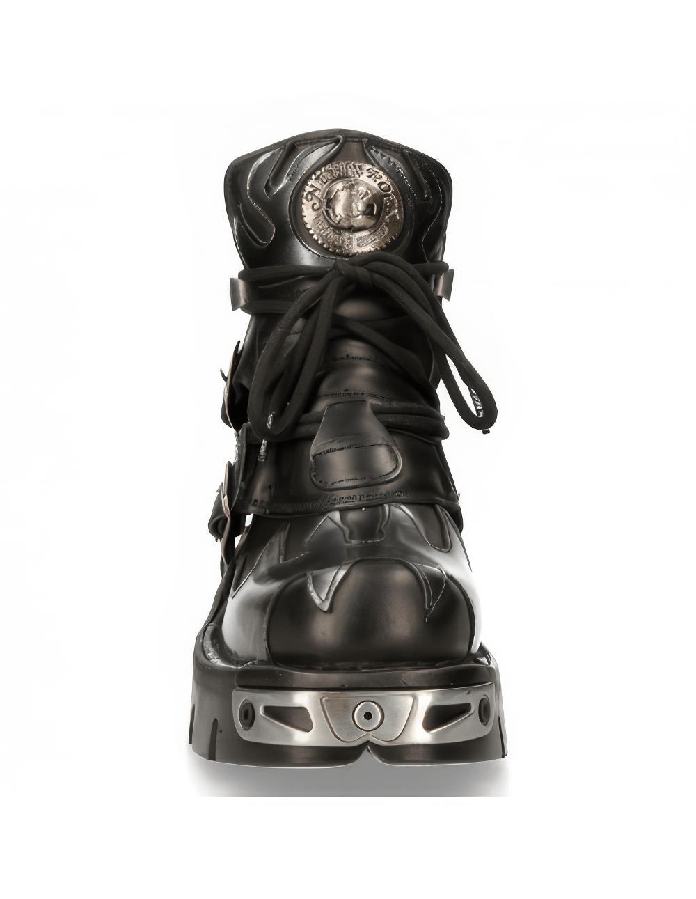 NEW ROCK Men's Fiery Black Ankle Boot with steel accents, showcasing unique flame design and buckles.