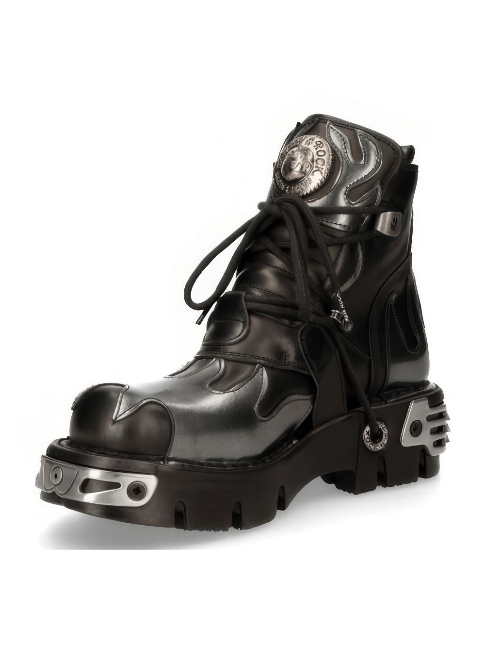 NEW ROCK Men's fiery black ankle boot with flame design and steel accents, showcasing a gothic rock style.
