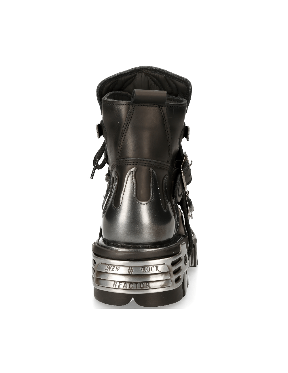 Stylish NEW ROCK black ankle boots with steel accents and buckles, showcasing a bold gothic design.