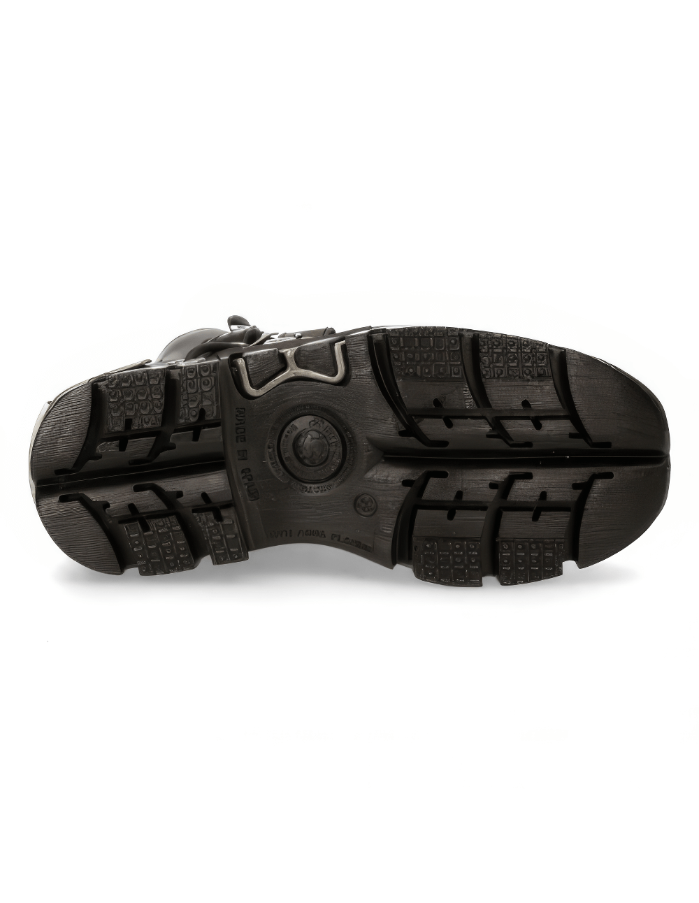 Bottom view of NEW ROCK Men's Fiery Black Ankle Boots showcasing durable rubber sole and traction design.