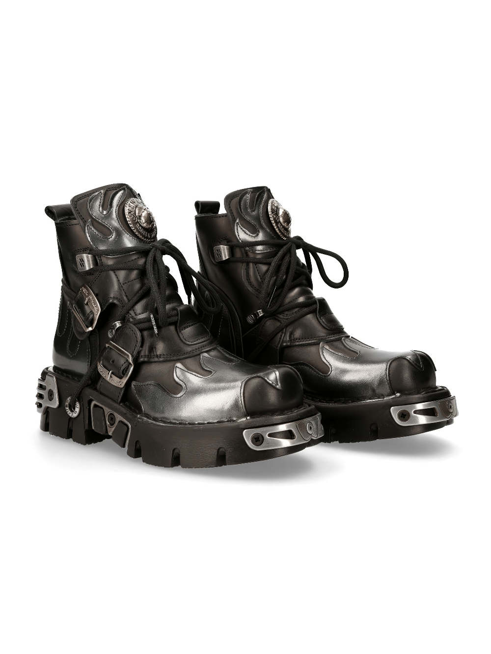 NEW ROCK Men's Fiery Black Ankle Boots with steel accents, featuring unique design and robust sole.
