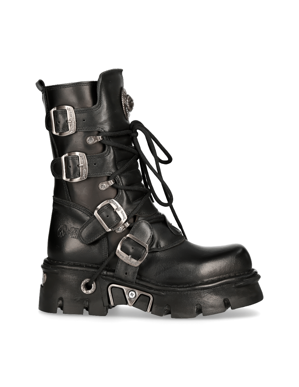 NEW ROCK Men's Gothic Black Boots featuring metallic accents, lace-up front, and rugged rubber soles for edgy style.