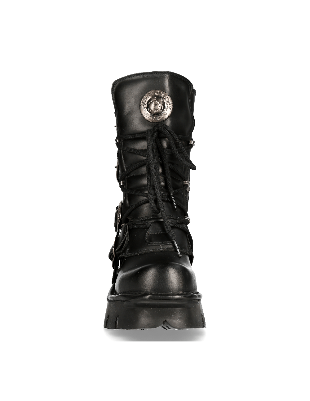 Men's Gothic black leather boots with metallic accents and lace-up front, showcasing urban rock style.