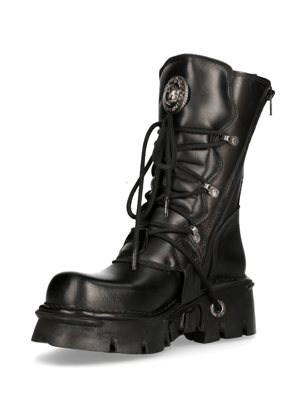 Men's Gothic black leather boots with metallic accents and lace-up front, perfect for punk rock style.