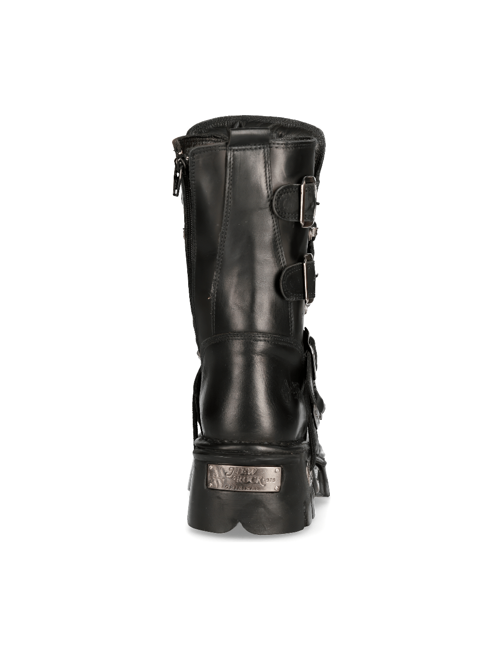 Back view of NEW ROCK men's gothic black leather boots featuring metallic accents and stylish buckle details.