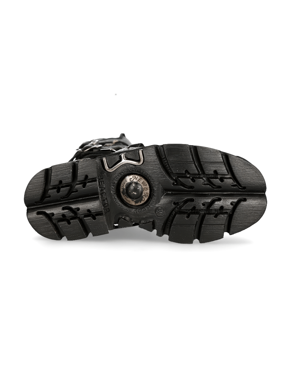 Underside view of NEW ROCK men's black gothic boots featuring durable rubber soles and intricate tread design.