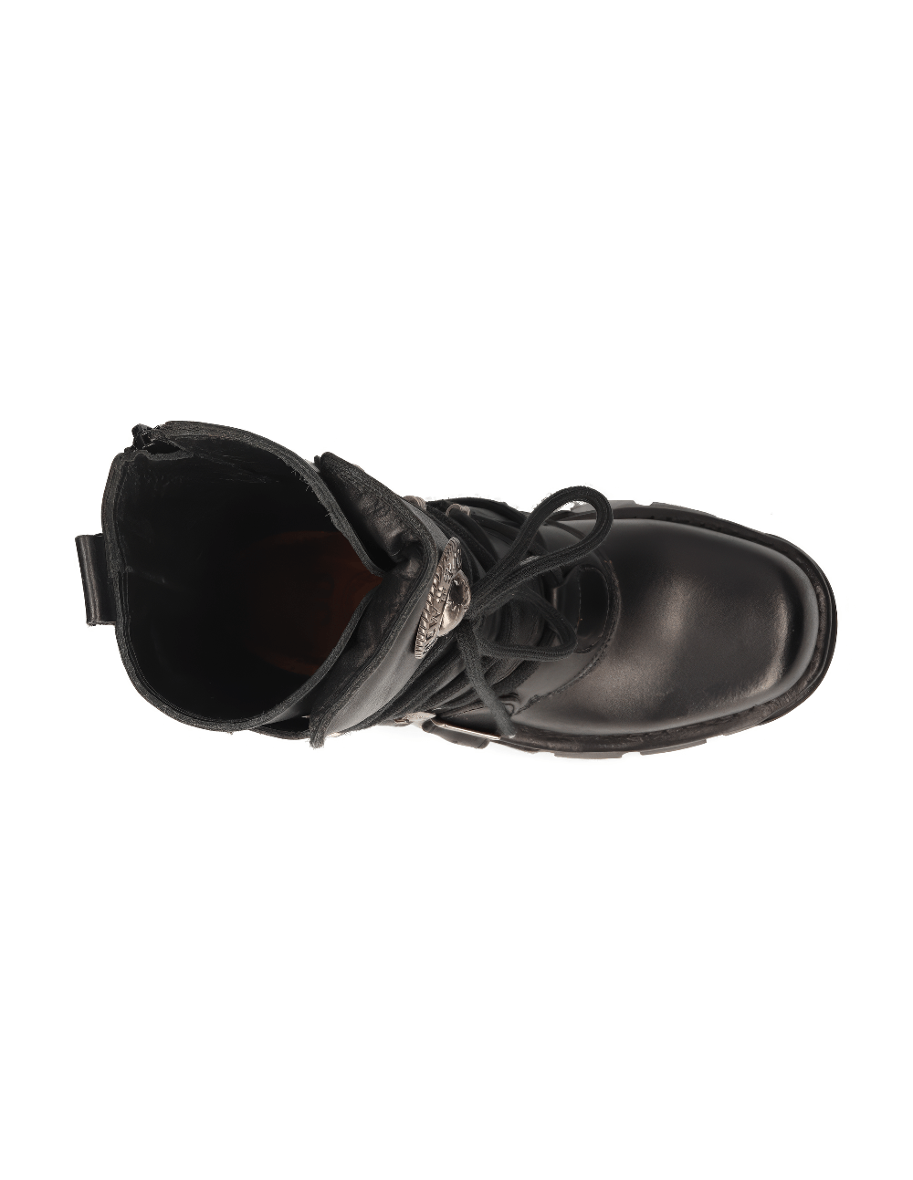 Top view of NEW ROCK Men's Gothic Black Boots showcasing leather finish and lace-up design.