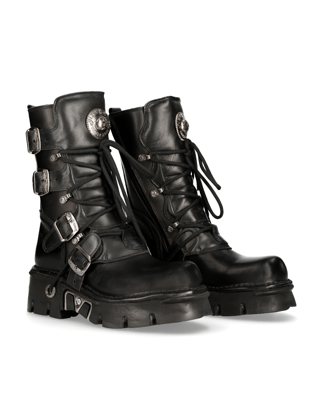 NEW ROCK Men's Gothic Black Boots with metallic accents and intricate lace-up design, perfect for urban exploration.