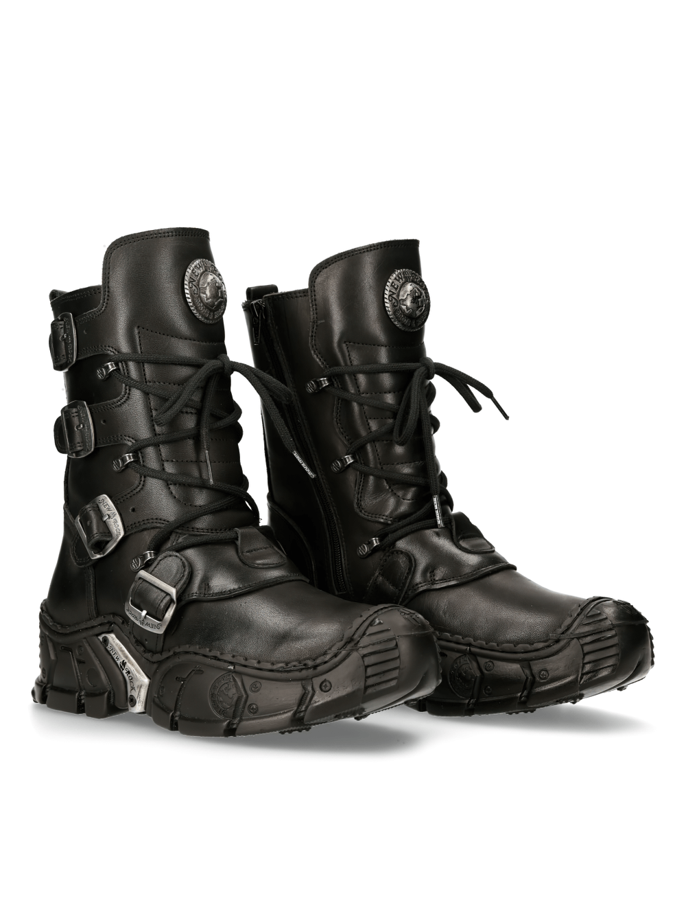 Gothic black leather impact boots with buckles and side zipper for easy wear, perfect for edgy fashion statements.