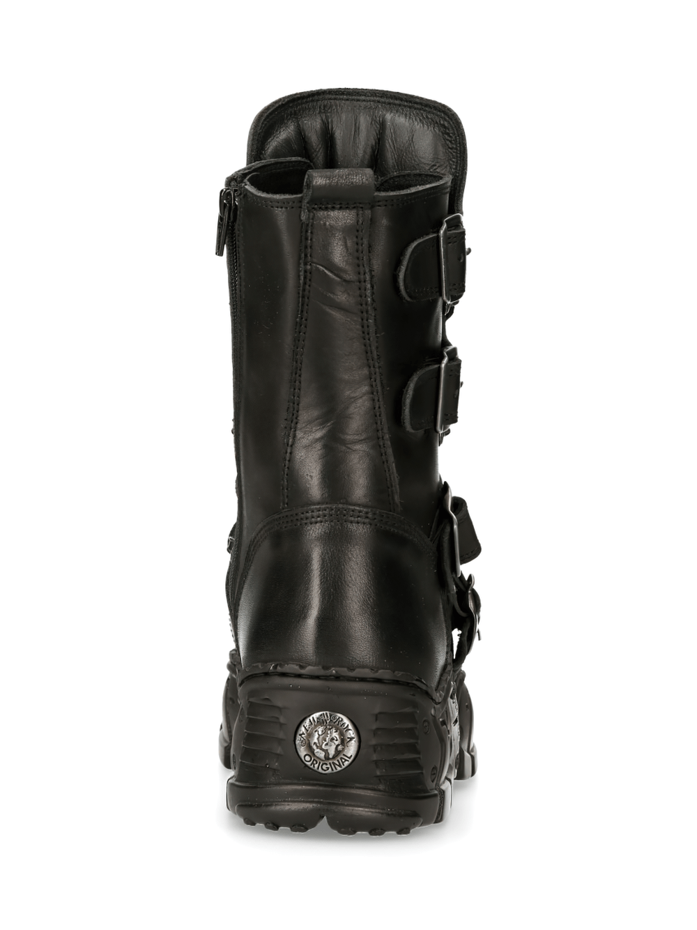 Back view of NEW ROCK Men's Gothic Black Buckled Impact Boots showcasing leather and unique buckle design.