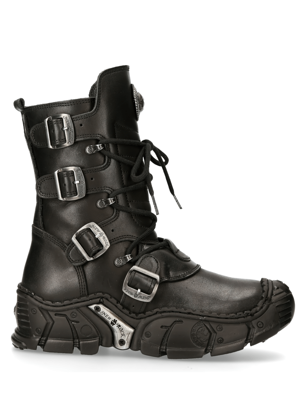 NEW ROCK Men's Gothic Black Buckled Boots with vertical buckles and side zipper for edgy style.
