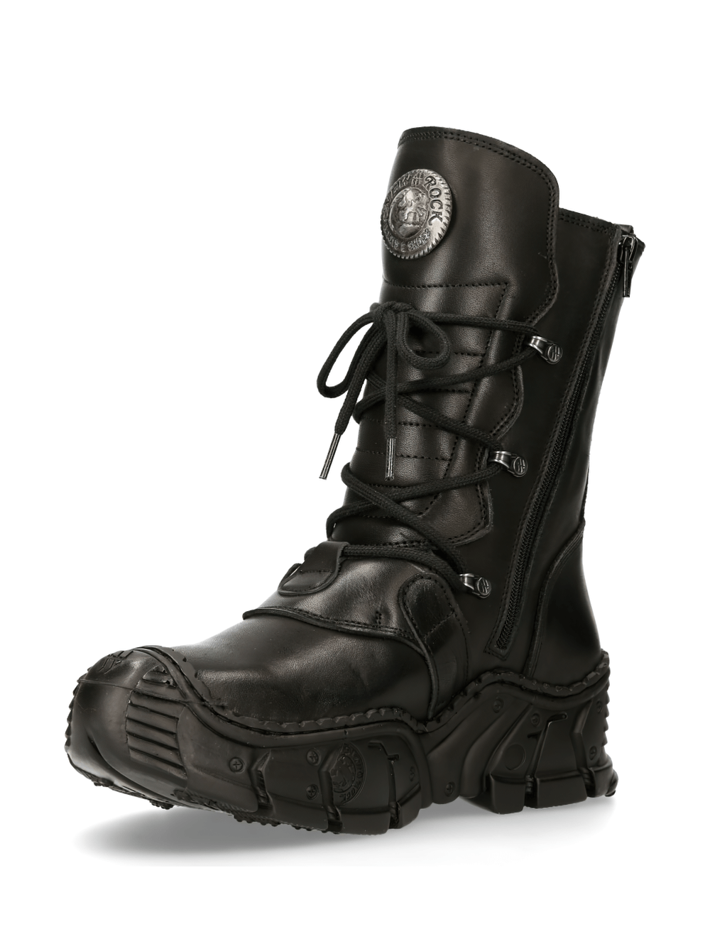 NEW ROCK black impact leather boots with lace-up design and side zipper for gothic style.