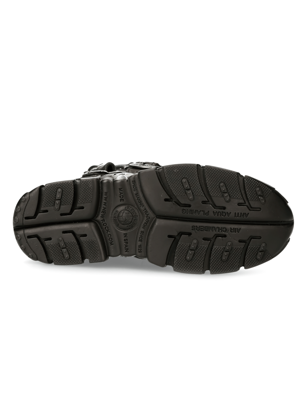 Bottom view of NEW ROCK Men's Gothic Black Buckled Impact Boots showcasing the rugged sole design for traction.