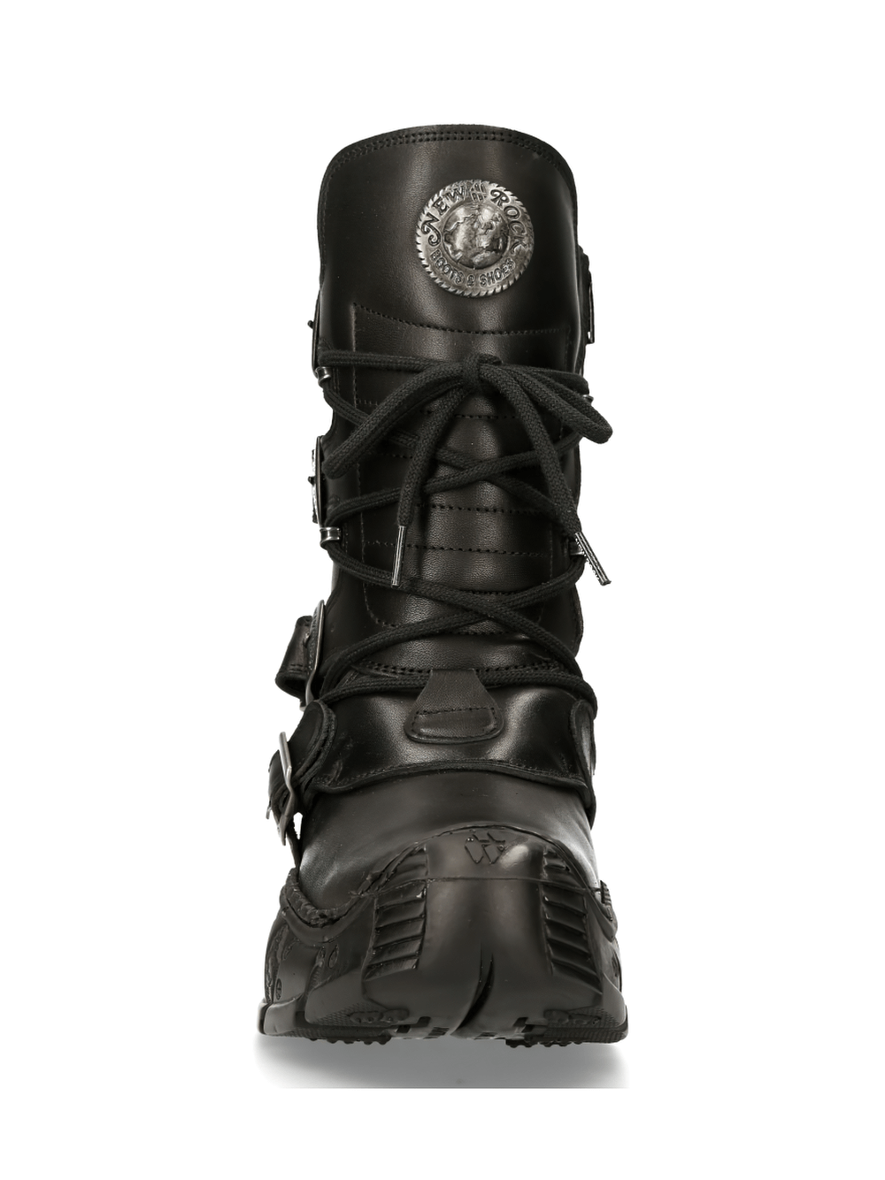 Front view of NEW ROCK Men's Gothic Black Buckled Impact Boots with distinct buckles and logo.