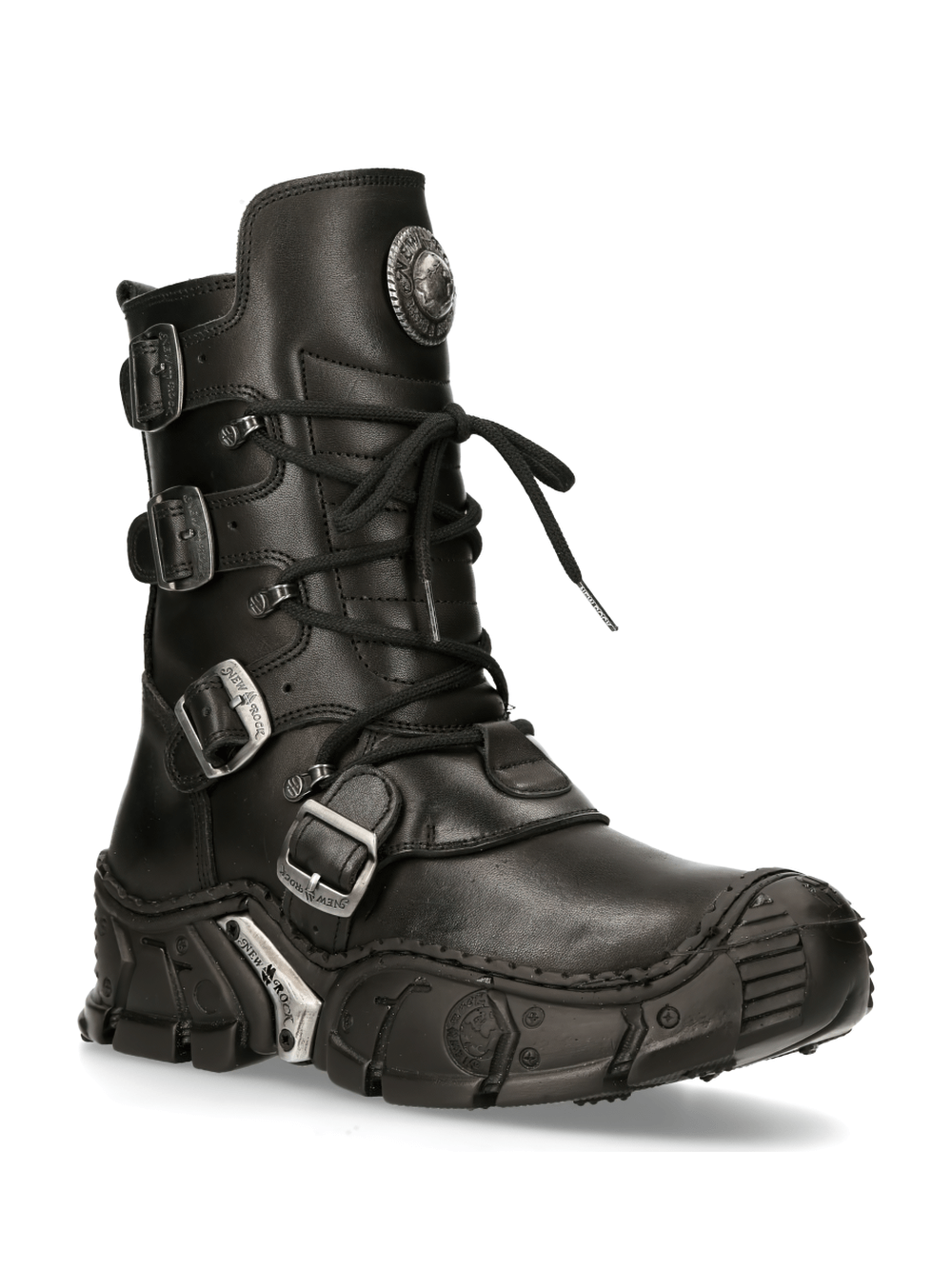 NEW ROCK Men's Gothic Black Buckled Impact Boots with unique buckles and side zipper for edgy style.