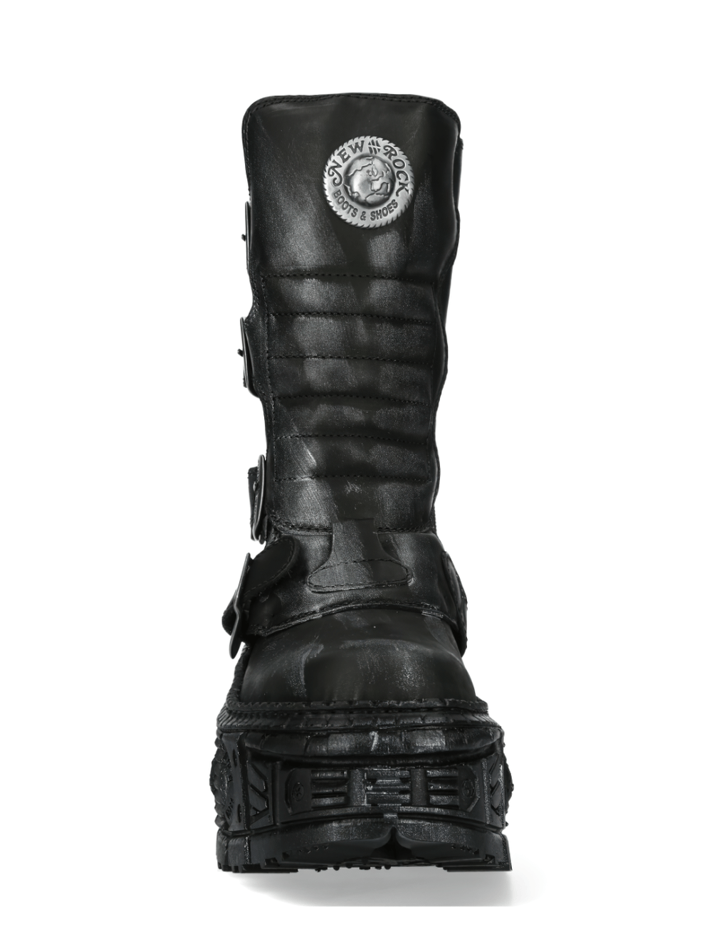 NEW ROCK unisex gothic punk ankle boots in black with buckles, featuring urban military style and metallic design.