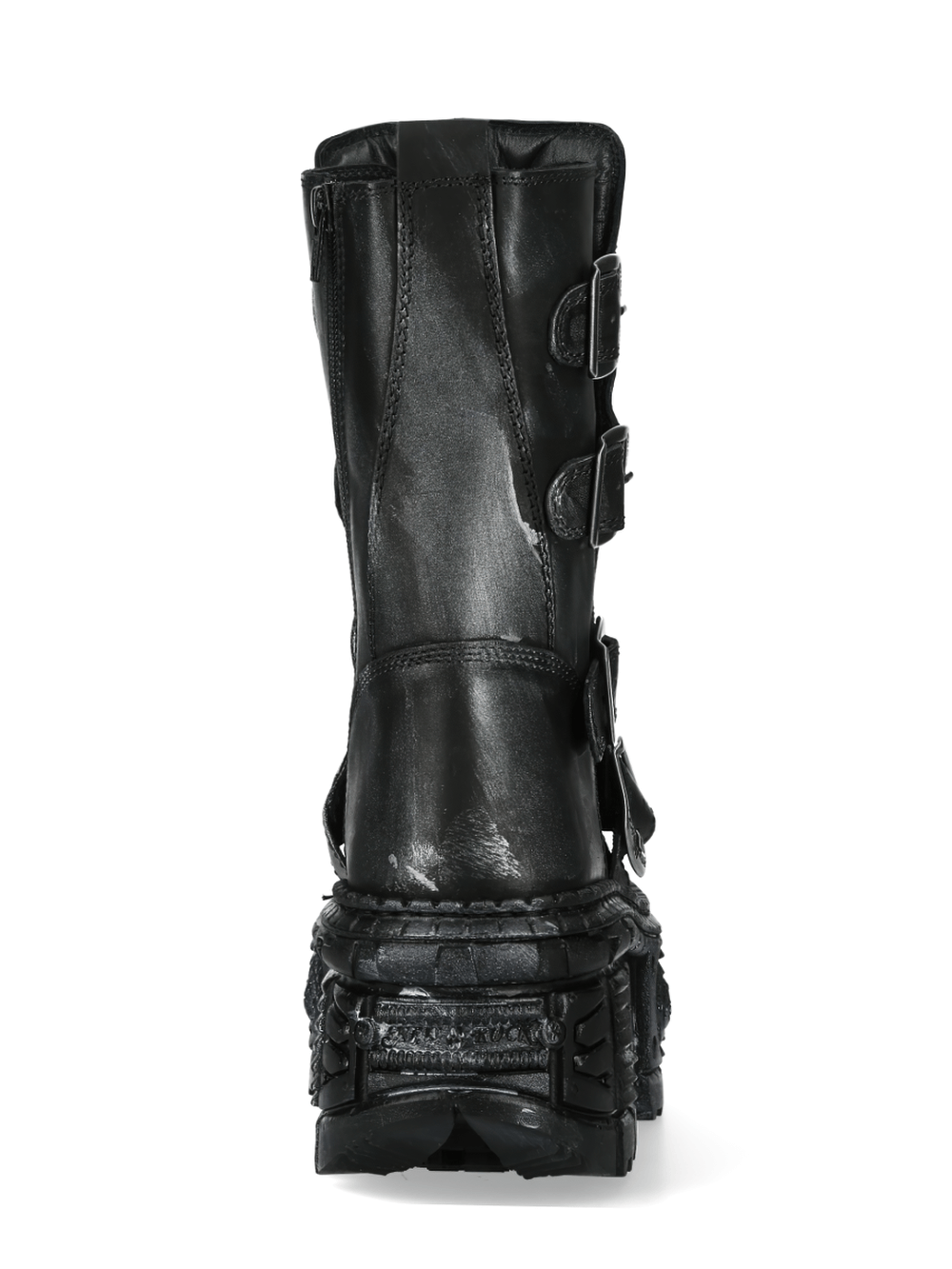 Back view of NEW ROCK unisex Gothic punk ankle boots in black with buckles and a rugged sole.