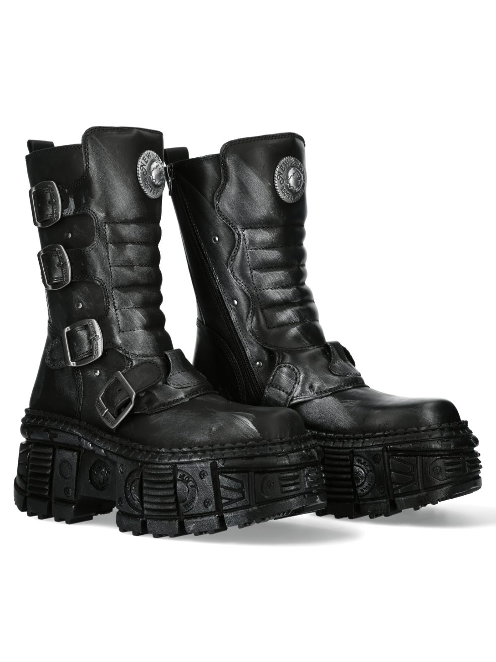 NEW ROCK Unisex Gothic Punk Ankle Boots in black with buckles, showcasing urban military and metallic style.