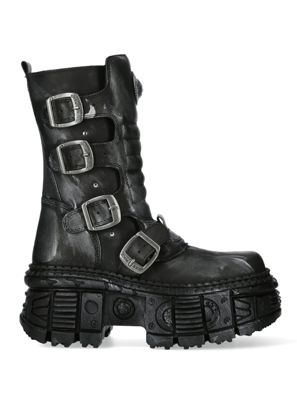 NEW ROCK Unisex Gothic Punk Ankle Boots in Black with buckles, showcasing urban military style and metallic design.