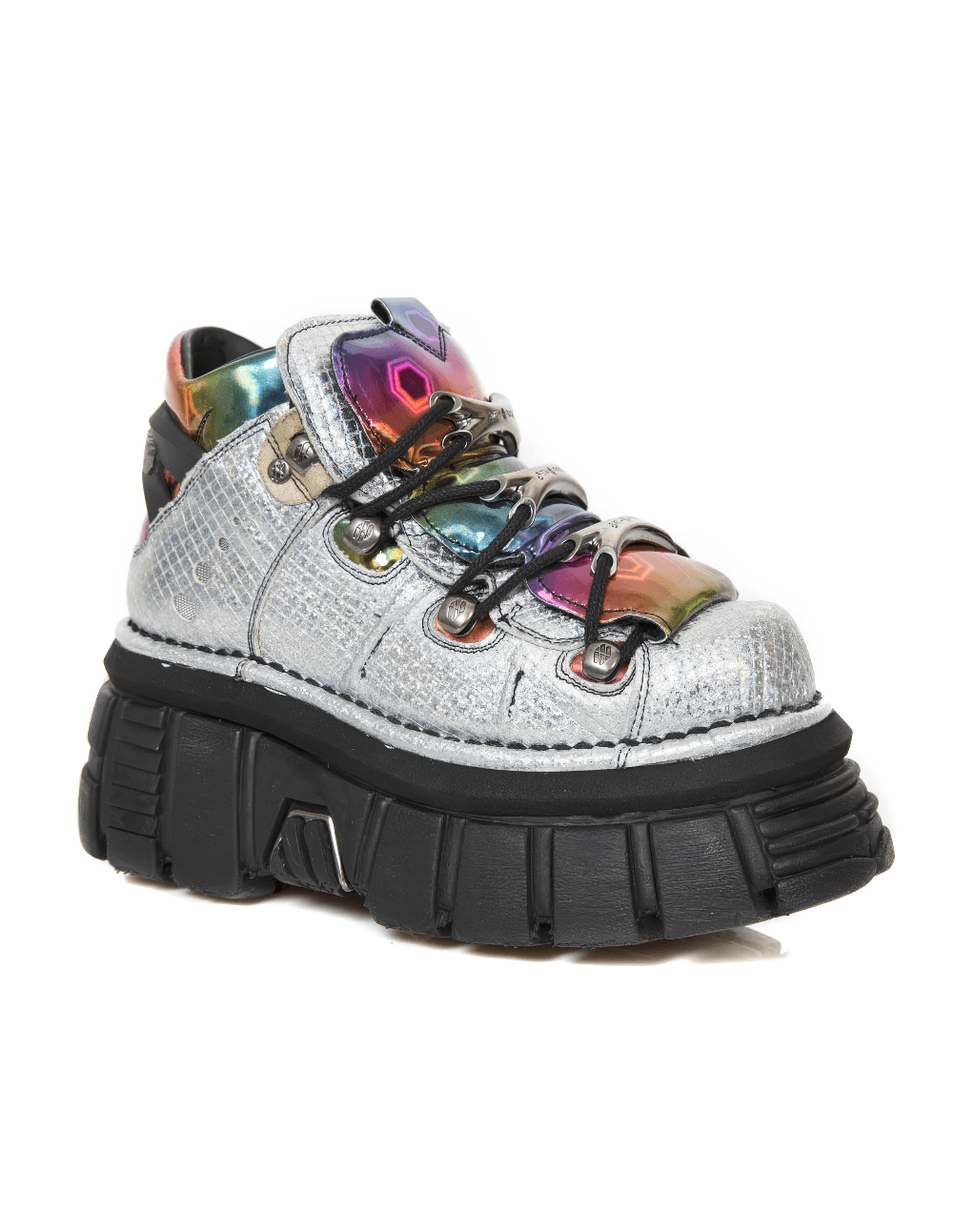 NEW ROCK Men's Gray Metallic Gothic Lace-Up Ankle Boots with a bold punk style and chunky sole.