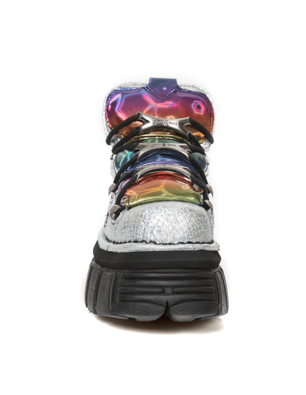 NEW ROCK Men's Gray Gothic Lace-Up Ankle Boots with colorful metallic details and chunky sole.