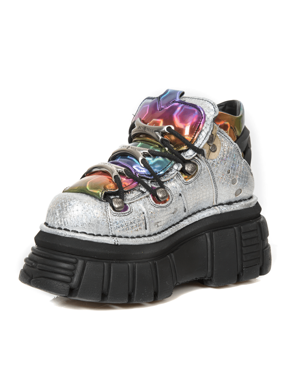 Stylish gray metallic gothic lace-up ankle boot with a chunky sole and colorful accents.