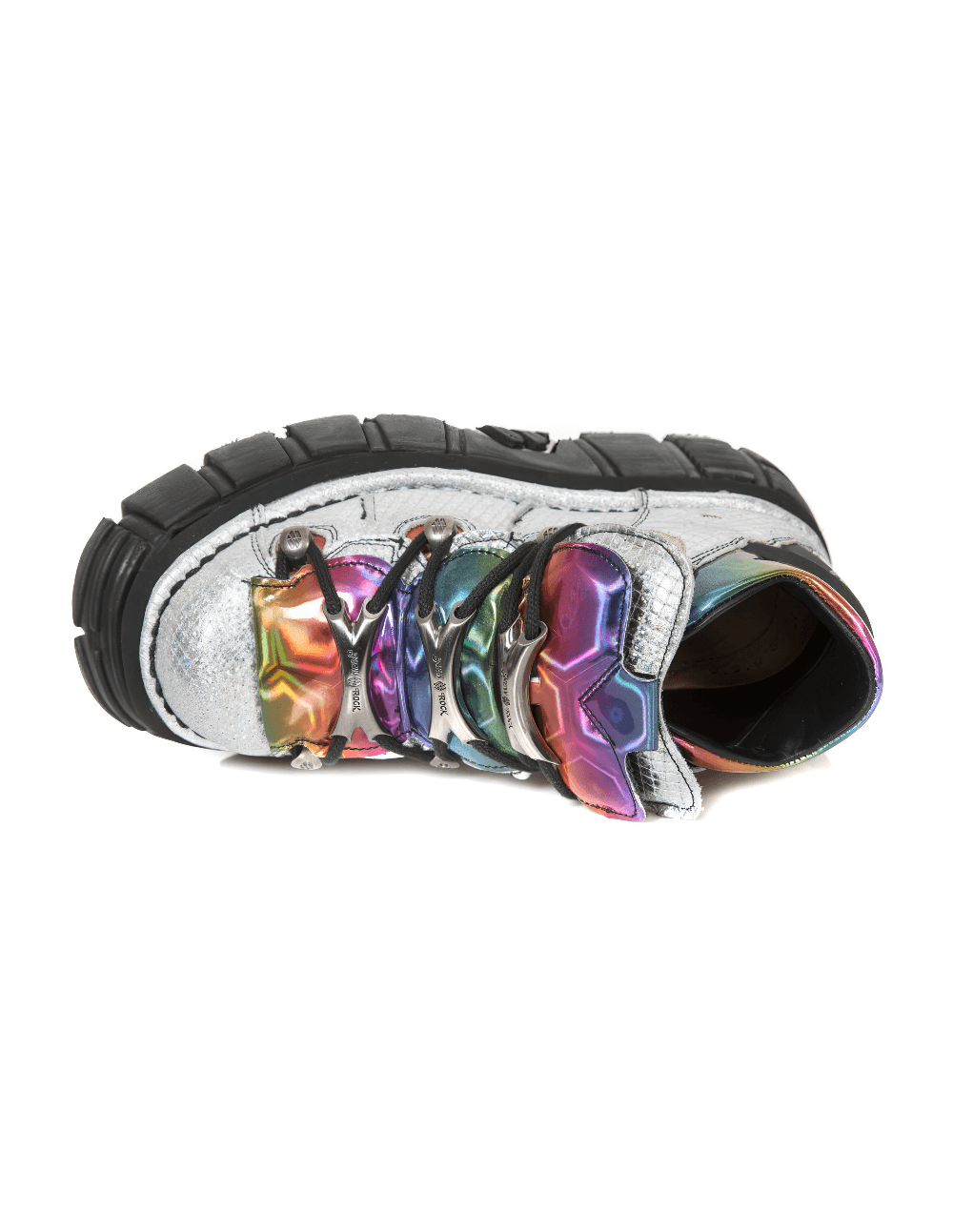 NEW ROCK Men's Gray Gothic Lace-Up Ankle Boots with colorful laces, metallic finish and sturdy sole.