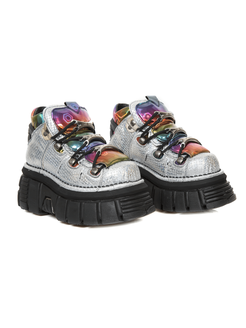 NEW ROCK Men's Gray Gothic Lace-Up Ankle Boots with metallic finish and colorful laces, ideal for punk and goth styles.