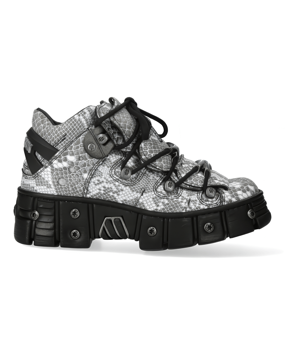 Stylish gray rock-inspired ankle boots with a snake print design and durable sole.