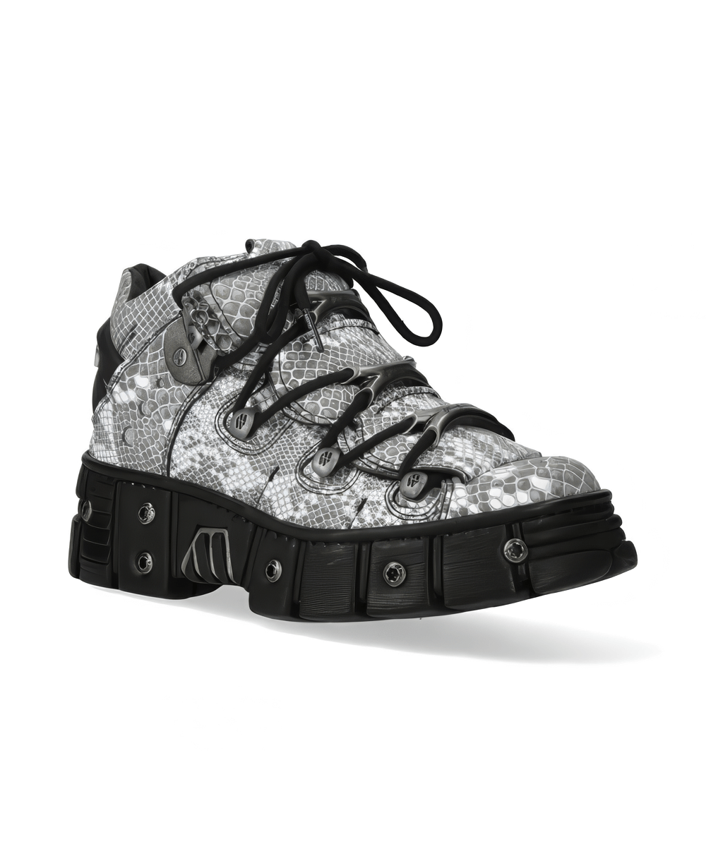 Stylish gray snake print synthetic lace-up shoes with bold chunky sole for a rock-inspired look.
