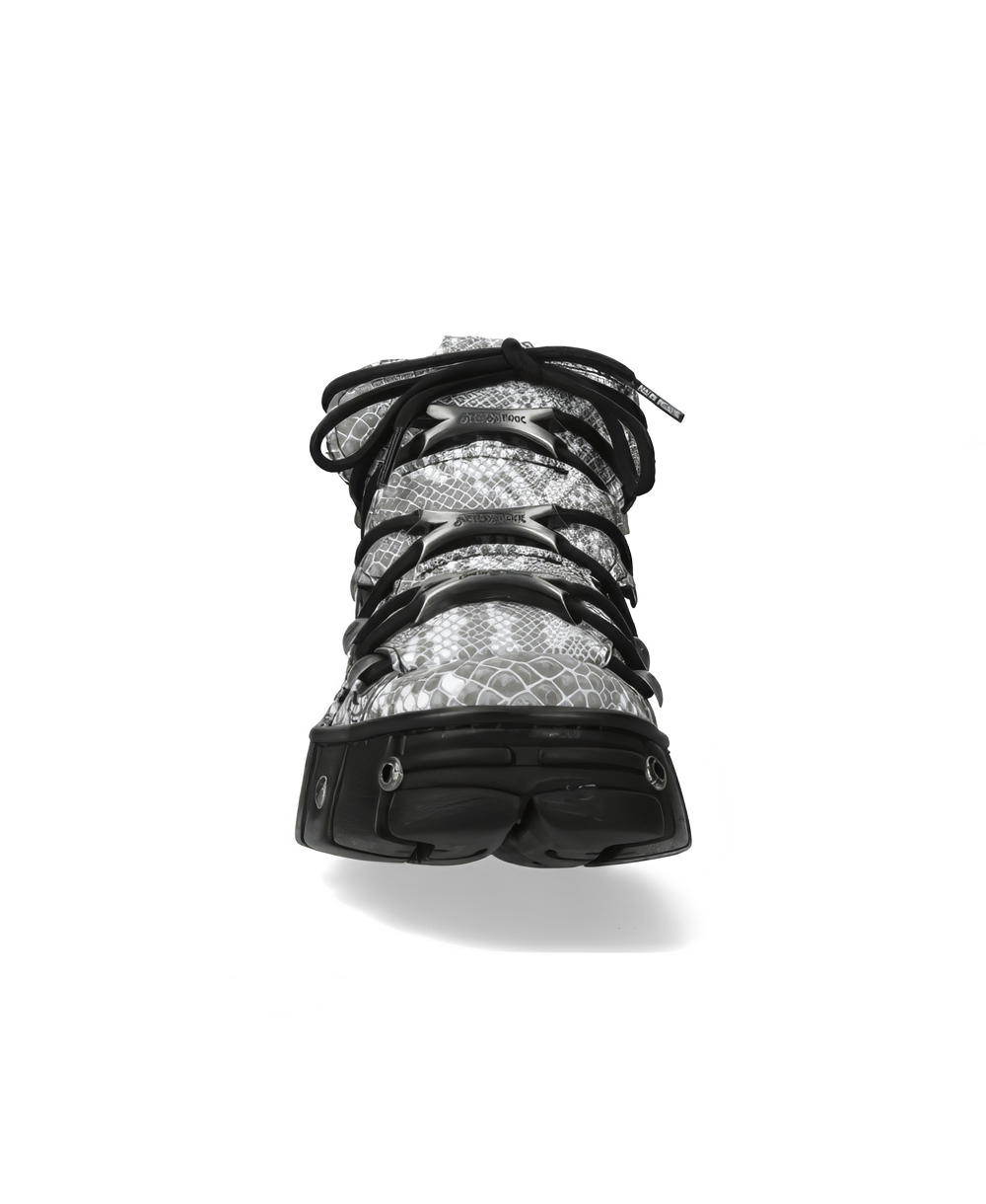 Step into style with these striking gray heavy rock leather ankle boots featuring lace-up closure and durable sole.