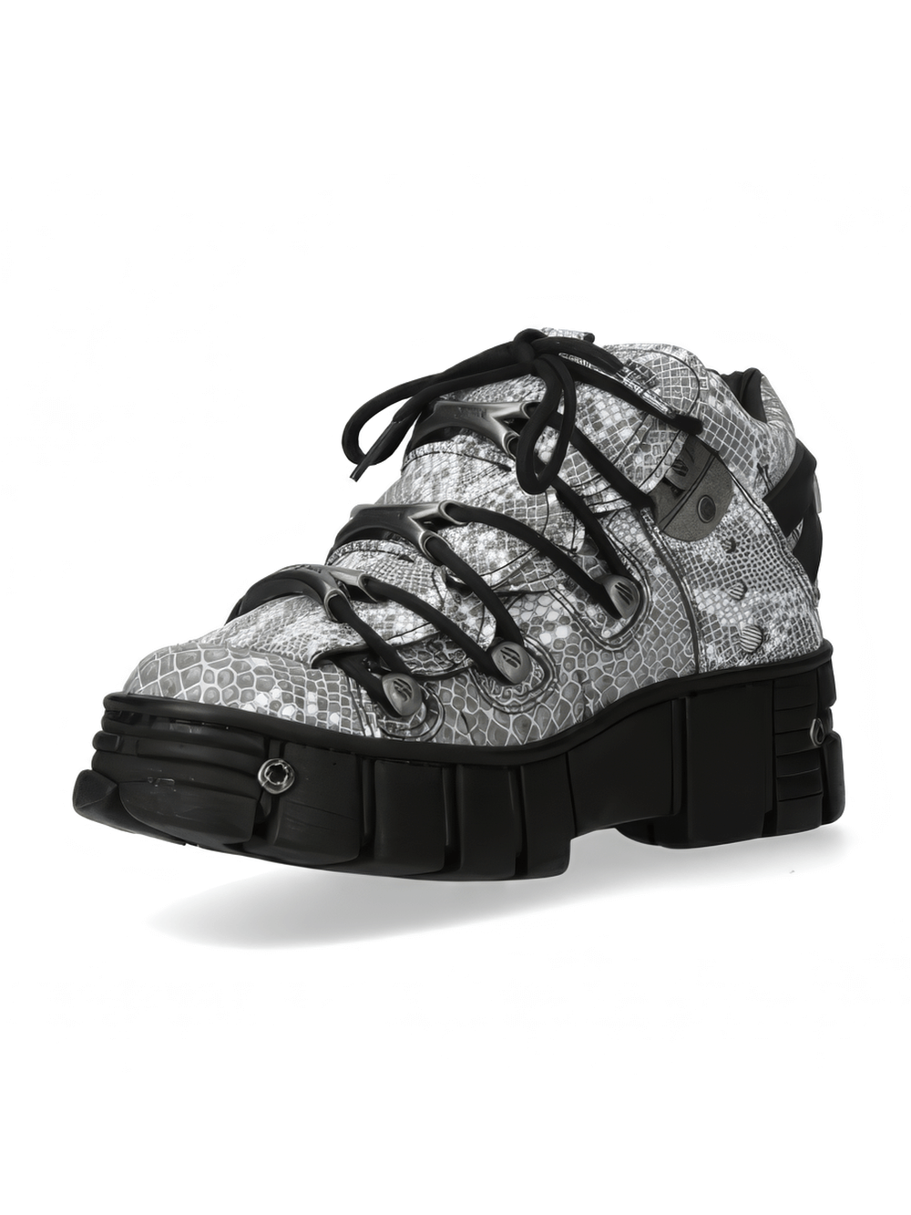 Men's edgy gray snake print ankle boots with heavy rock style and chunky sole. Perfect for bold fashion statements.