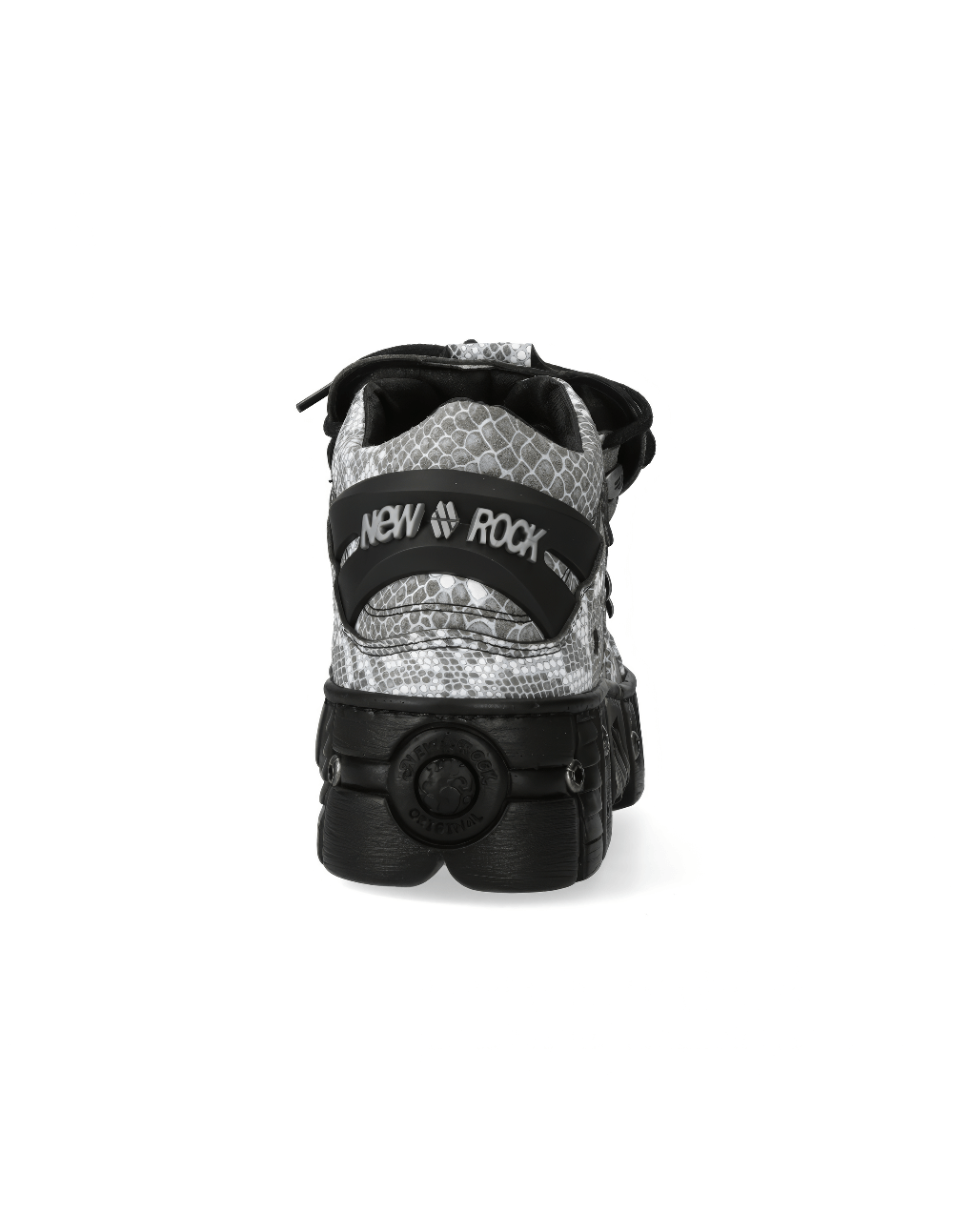 Back view of NEW ROCK men's synthetic leather ankle boots in gray, showcasing heavy rock style and unique design.