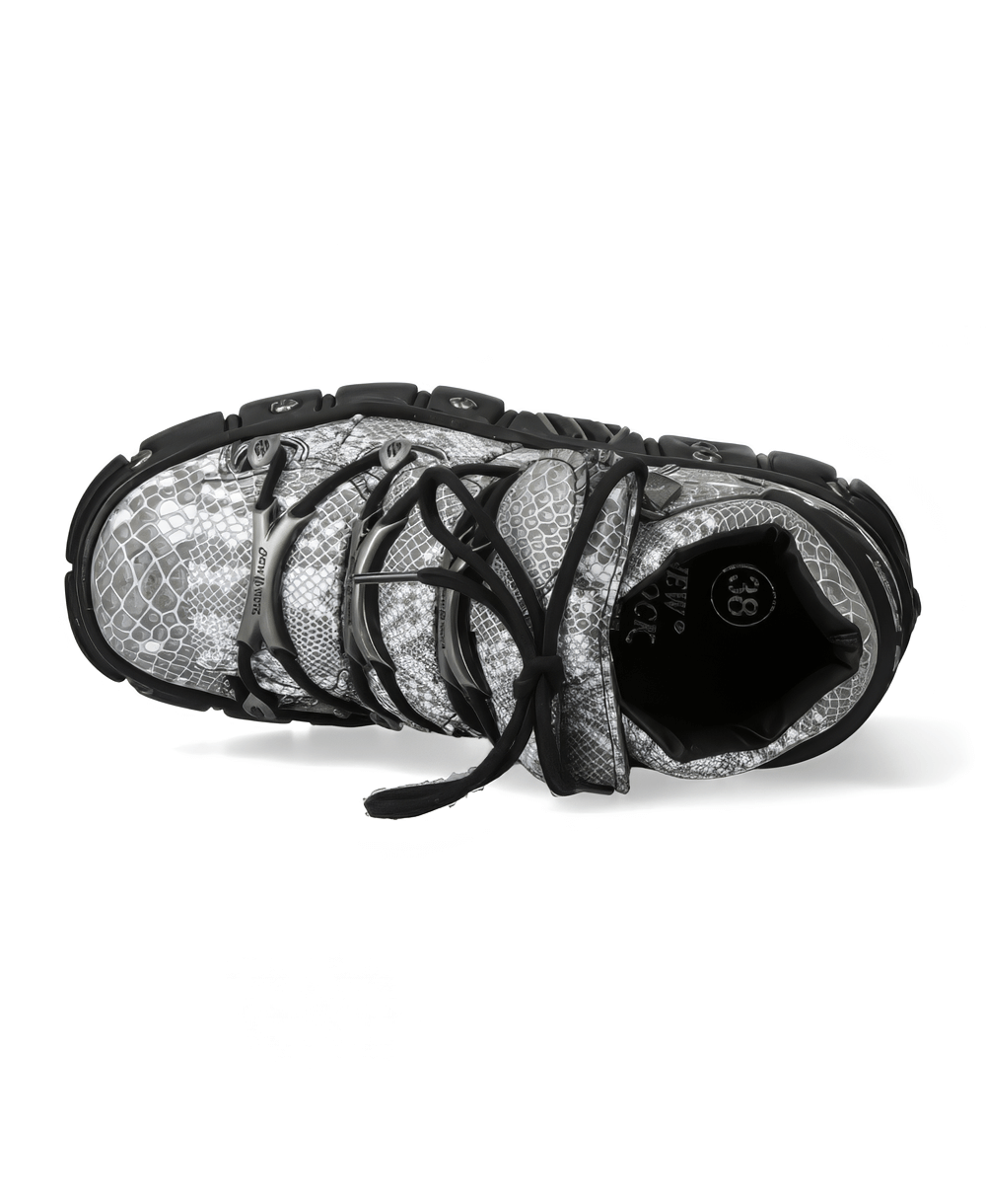 Men's snake print sneaker with black accents, showcasing stylish design and lace-up detail from a top view perspective.