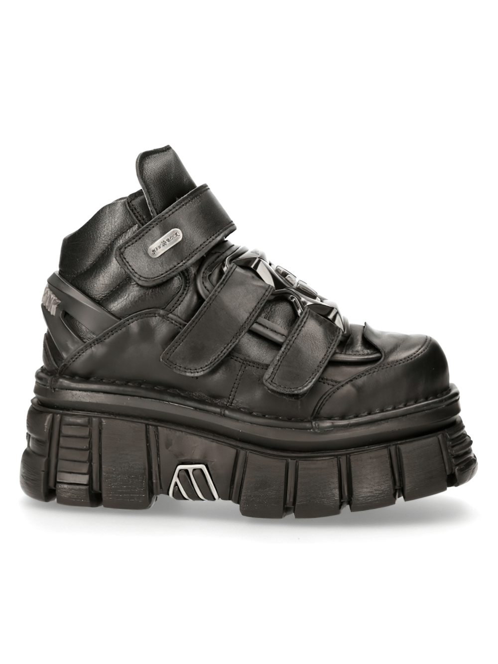 NEW ROCK black leather ankle boots with metallic details and platform sole, perfect for a gothic rockstar look.