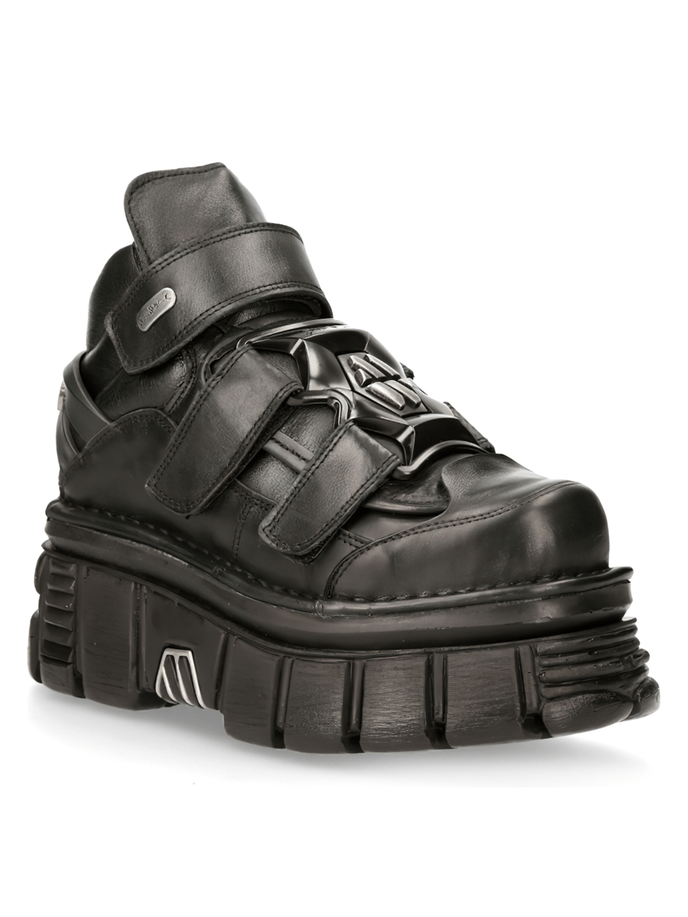 NEW ROCK men's black leather ankle boots with metallic and Velcro details and bold platform sole.
