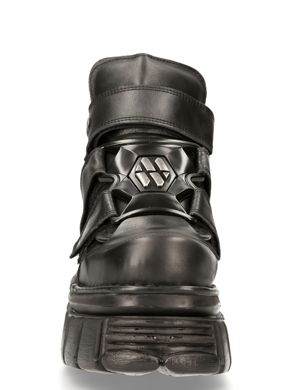 NEW ROCK Men's Metallic Gothic Velcro Leather Ankle Boots with bold platform sole and unique design elements.