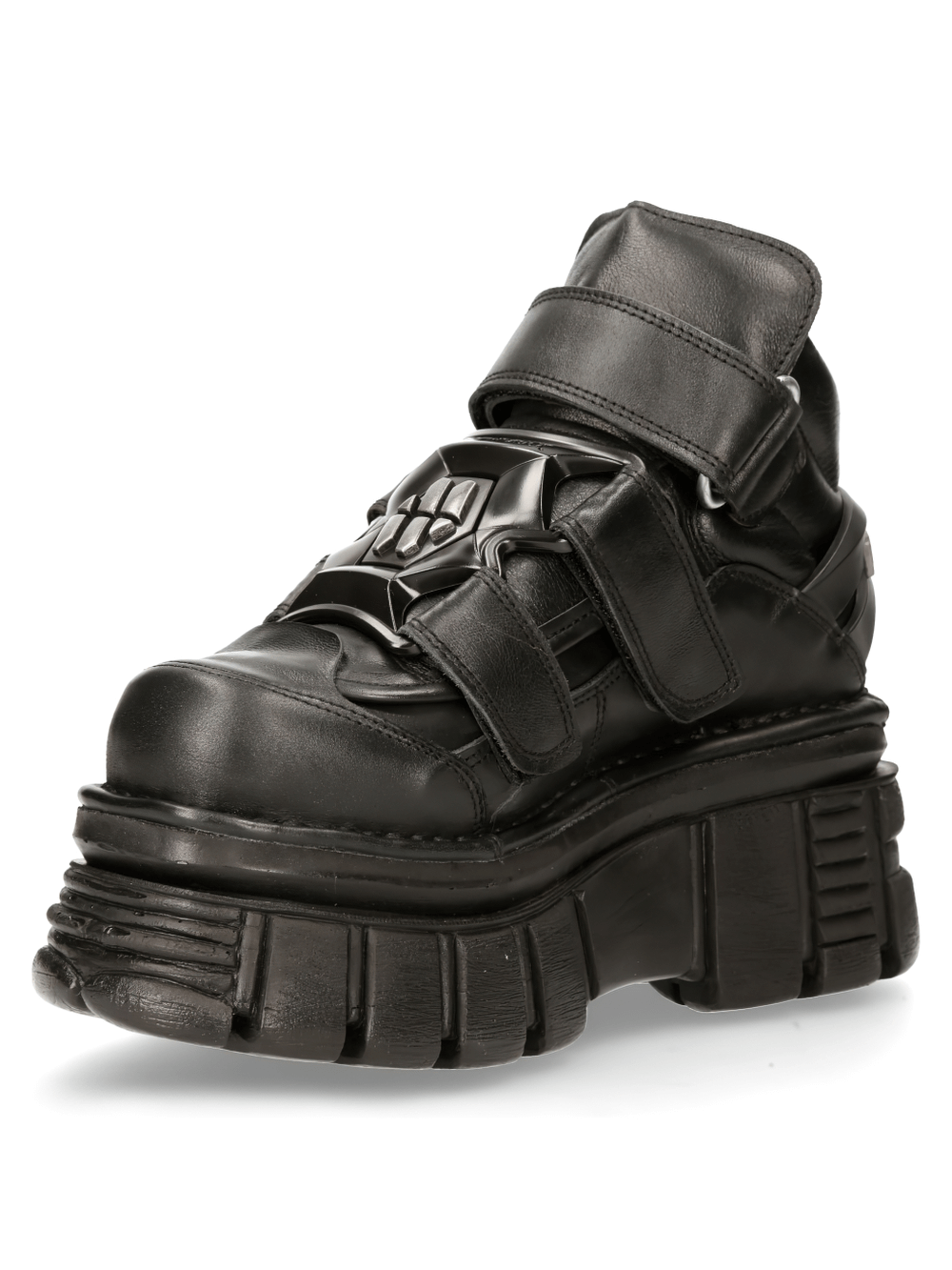 NEW ROCK men's black leather ankle boots with metallic details and a bold platform sole.