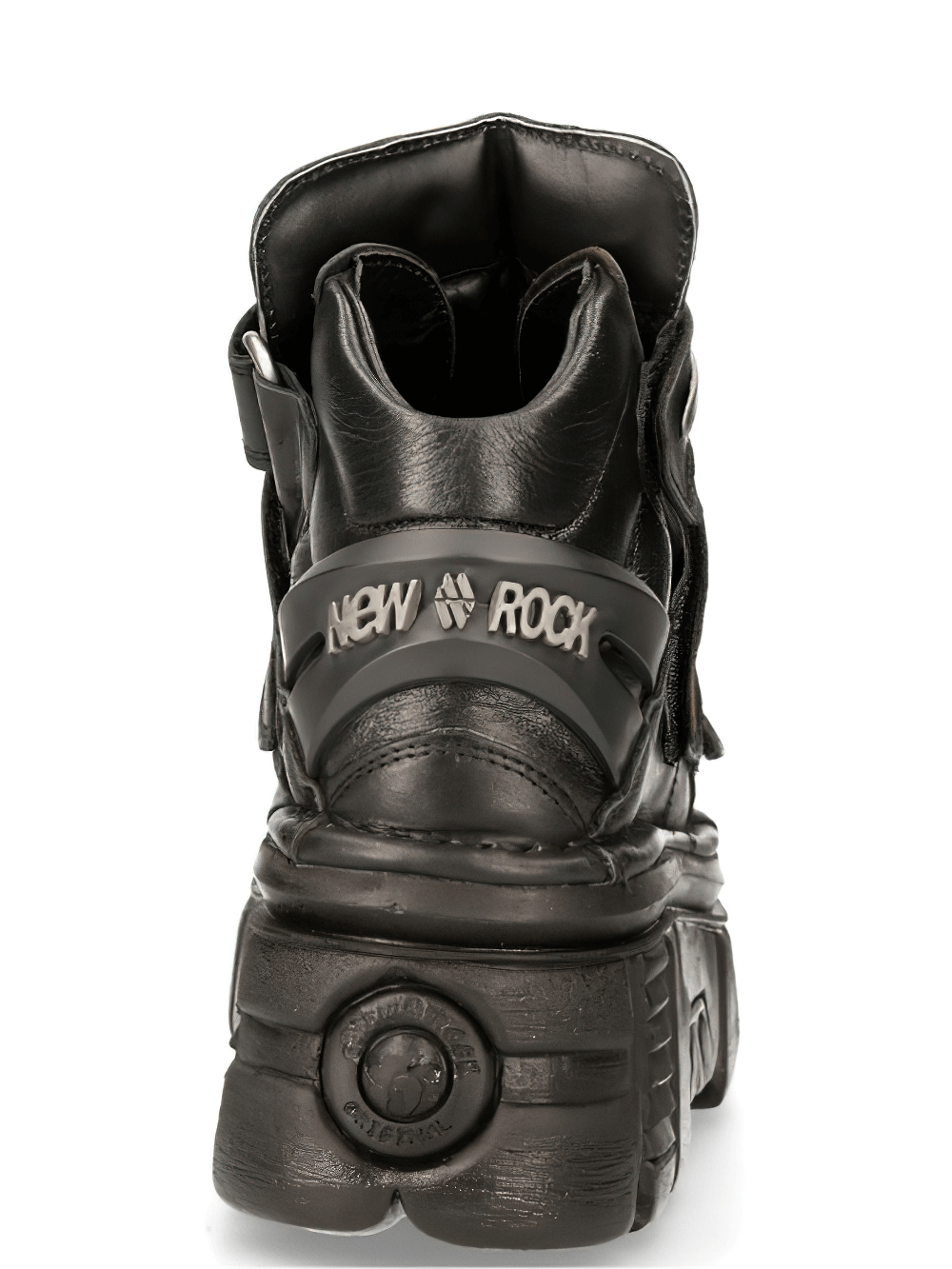 Back view of NEW ROCK men's leather ankle boots showcasing metallic details and bold platform sole.