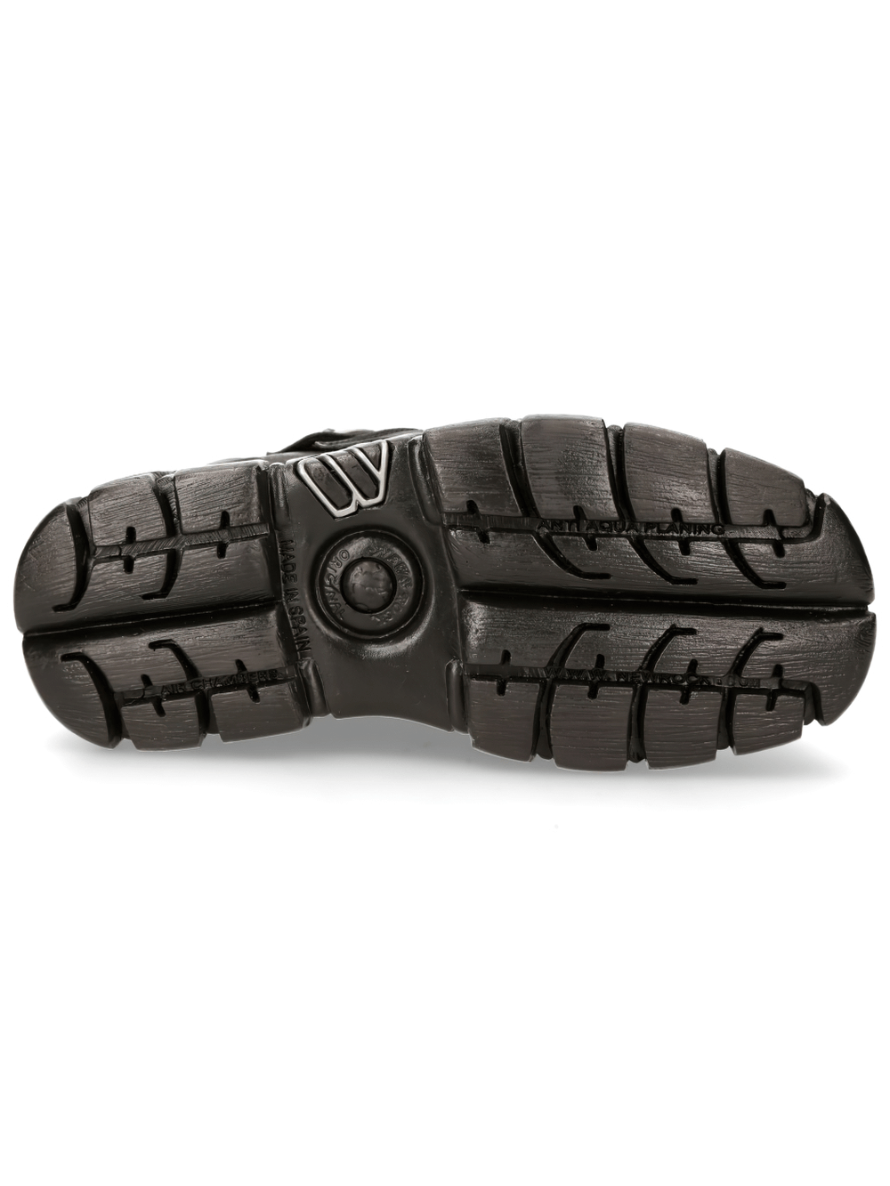 Bottom view of NEW ROCK men's leather ankle boots with rugged tread and grip for stability.