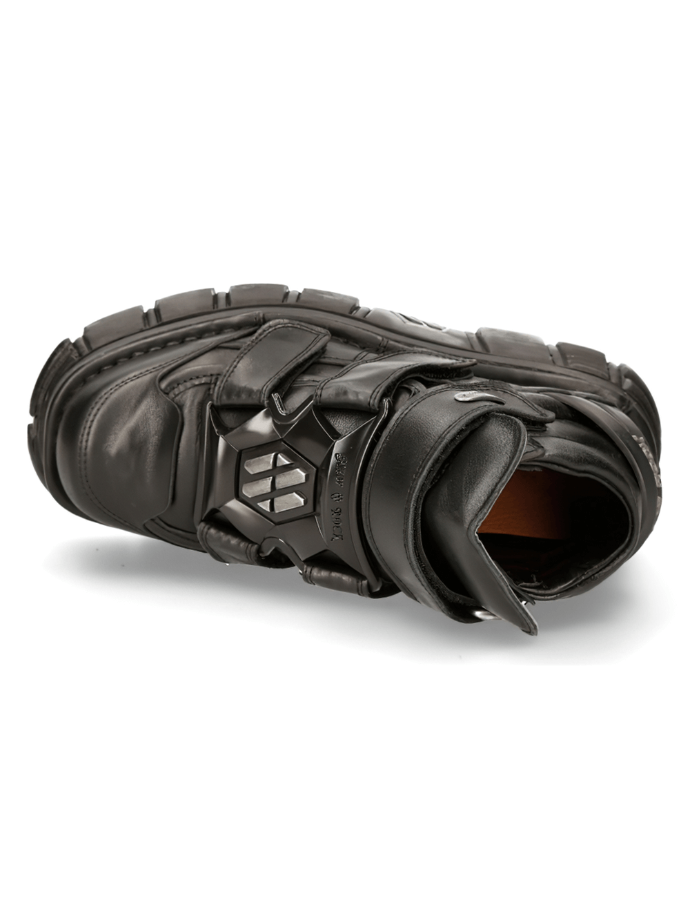 NEW ROCK black leather ankle boots with metallic details and Velcro straps from above.